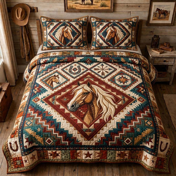 Spirit Horse Mosaic quilted 3-piece bedding set on a made bed in a rustic timber bedroom