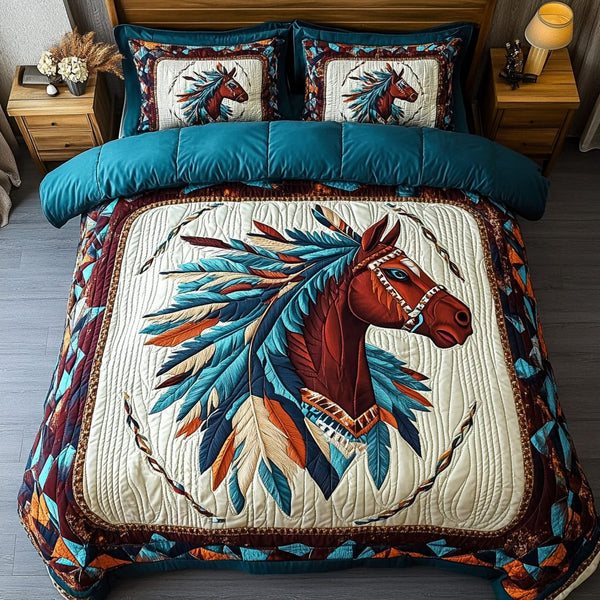 Spirit Horse quilted 3-piece bedding set on a made bed in a rustic timber bedroom