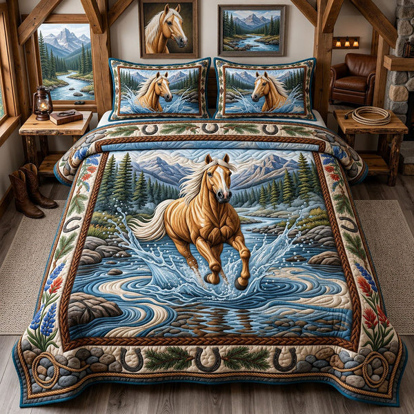 Spirit Of Prairie quilted 3-piece bedding set on a made bed in a rustic timber bedroom