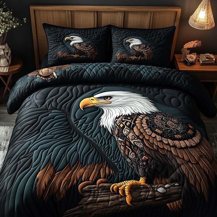 Spirit Of The Eagle quilted 3-piece bedding set on a made bed in a warmly lit bedroom