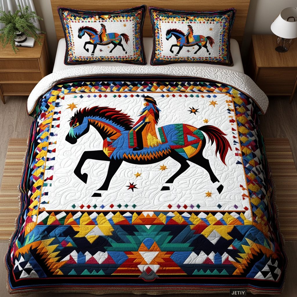 Spirit of the Plains quilted 3-piece bedding set on a made bed with two matching pillow shams