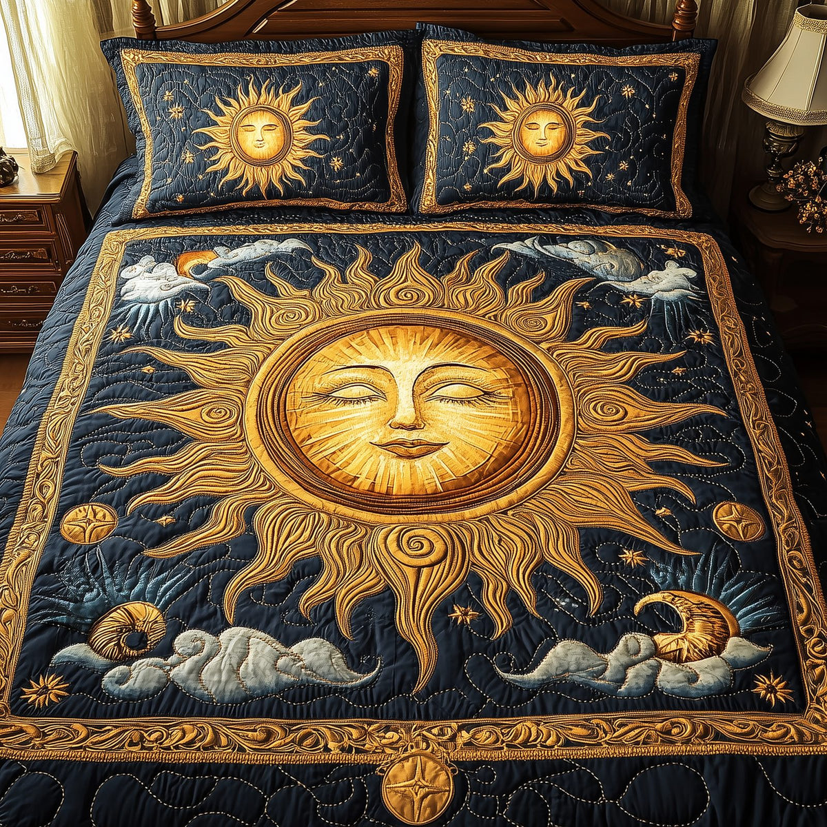 Spirit Of The Sun quilted 3-piece bedding set on a made bed with two matching pillow shams