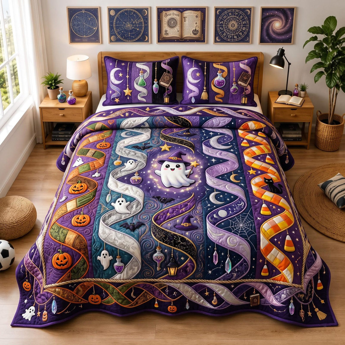 Spirit Path quilted 3-piece bedding set on a made bed with two matching pillow shams