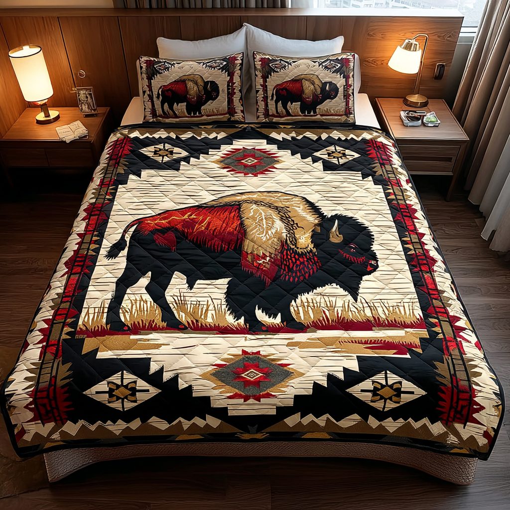 Spirit Path quilted 3-piece bedding set on a made bed with two matching pillow shams