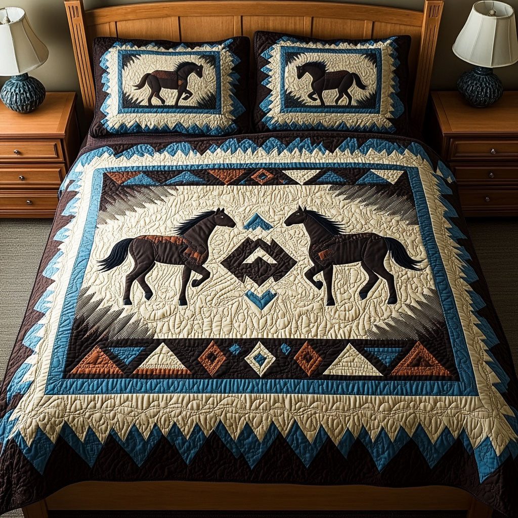 Spirit Rider quilted 3-piece bedding set on a made bed with two matching pillow shams
