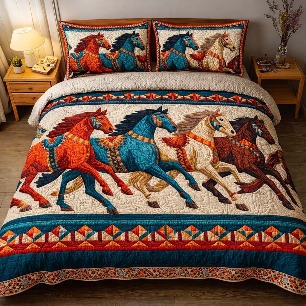 Spirit Run quilted 3-piece bedding set on a made bed with two matching pillow shams