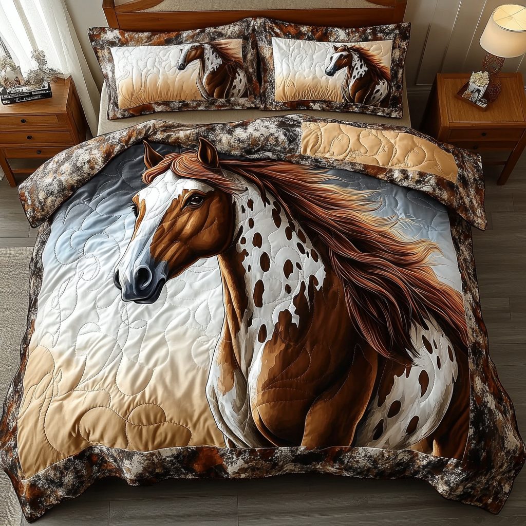 Spirit Steed quilted 3-piece bedding set on a made bed with two matching pillow shams