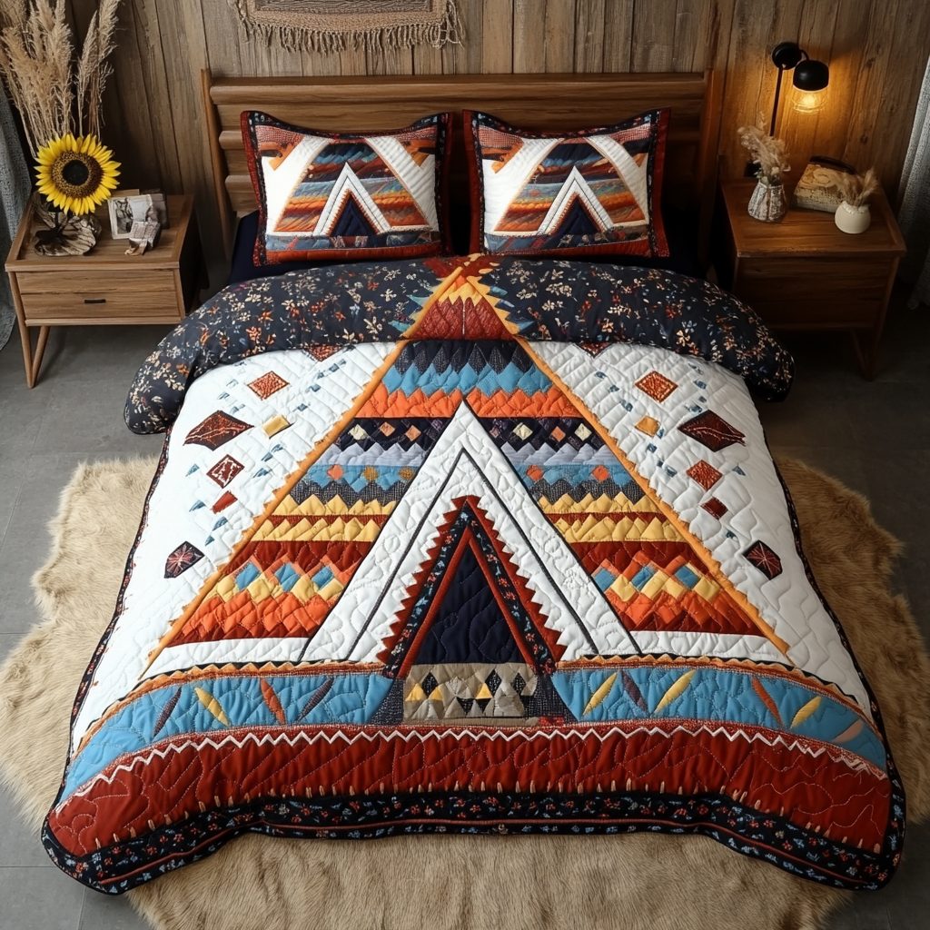 Spirit Tribe quilted 3-piece bedding set on a made bed with two matching pillow shams