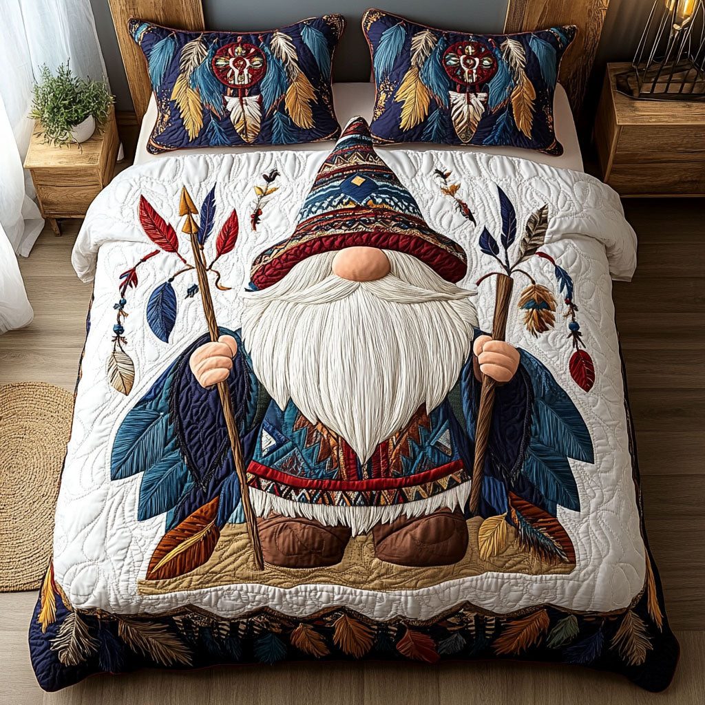Spirit Whisperer quilted 3-piece bedding set on a made bed with two matching pillow shams