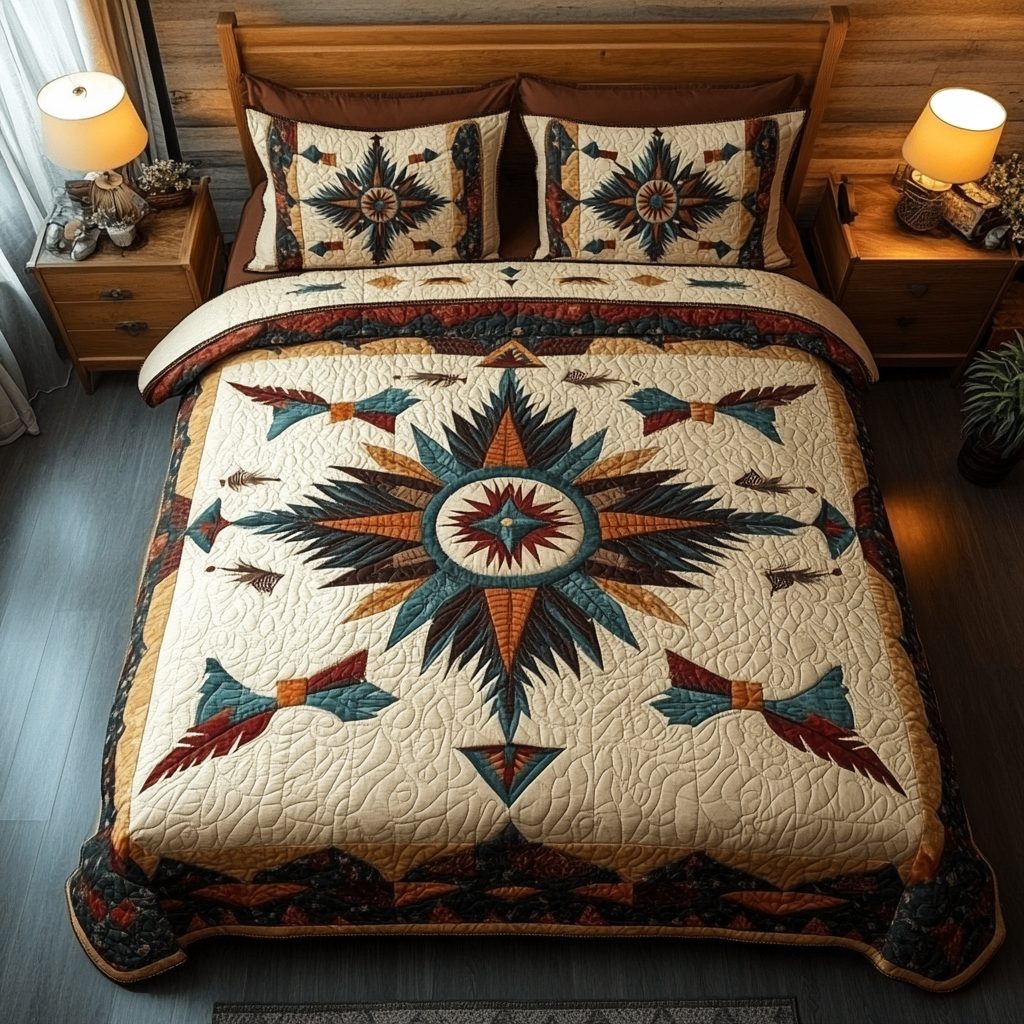Spirits of the Wind quilted 3-piece bedding set on a made bed with two matching pillow shams