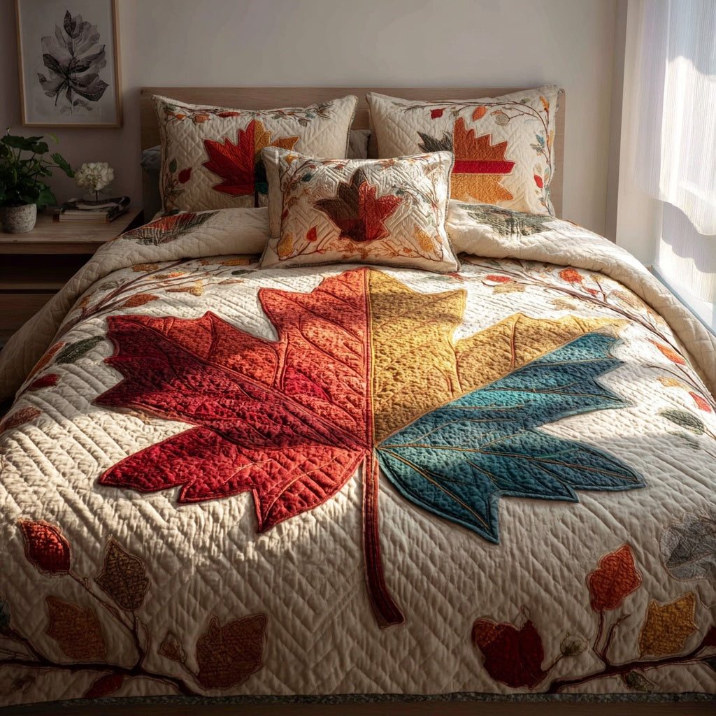 Splendid Leaf Center quilted 3-piece bedding set on a made bed with two matching pillow shams