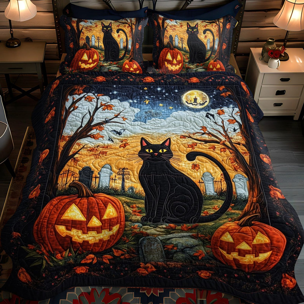 Spook-tacular Black Cat quilted 3-piece bedding set on a made bed with two matching pillow shams