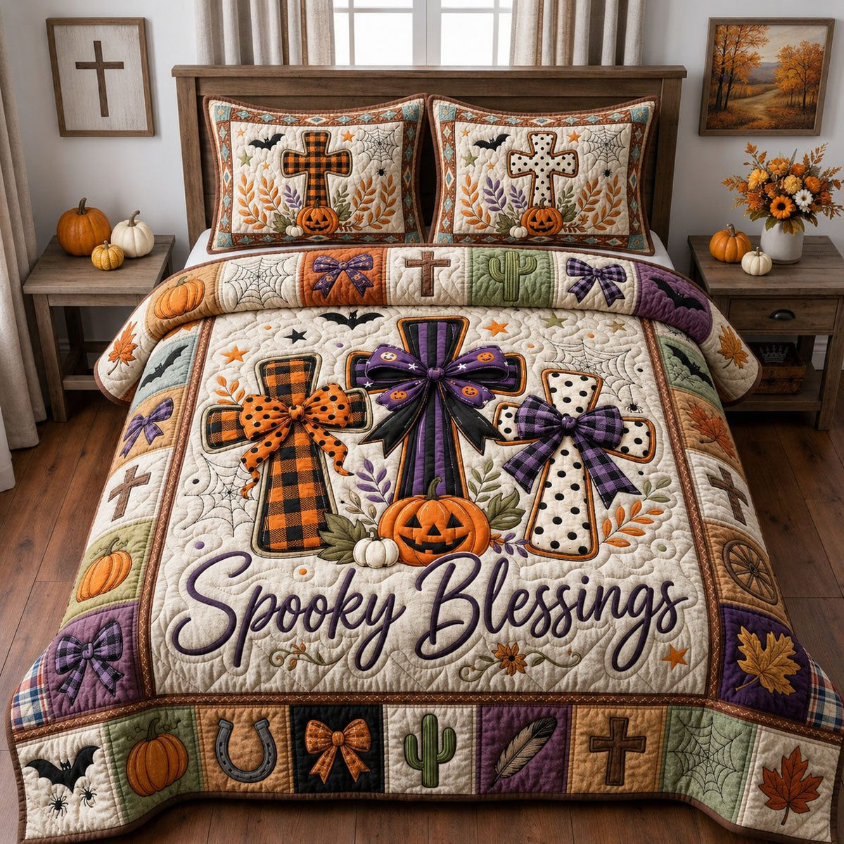 Spooky Blessings quilted 3-piece bedding set on a made bed against a dark styled interior