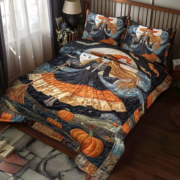 Spooky Cat quilted 3-piece bedding set on a made bed against a dark styled interior