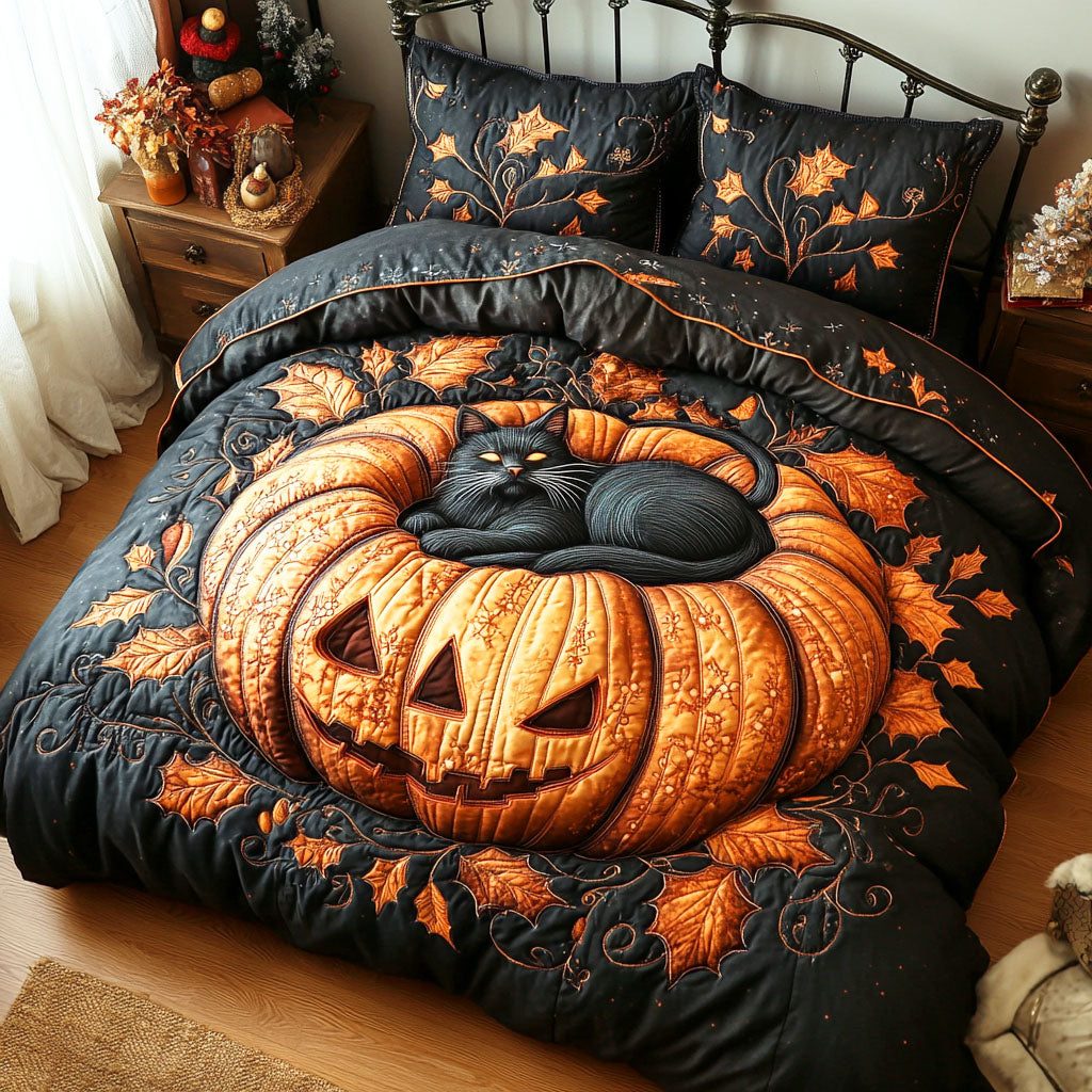 Spooky Cat quilted 3-piece bedding set on a made bed against a dark styled interior