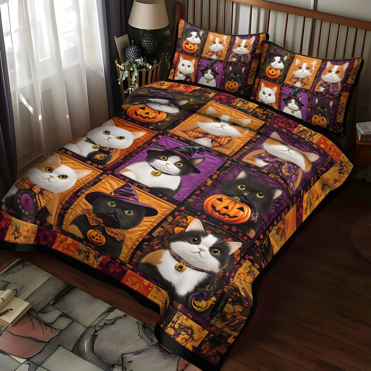 Spooky Cats quilted 3-piece bedding set on a made bed against a dark styled interior