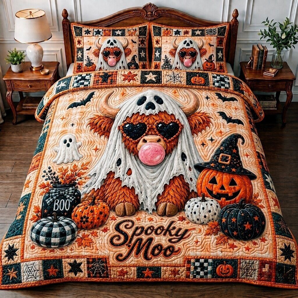 Spooky Cow quilted 3-piece bedding set on a made bed against a dark styled interior
