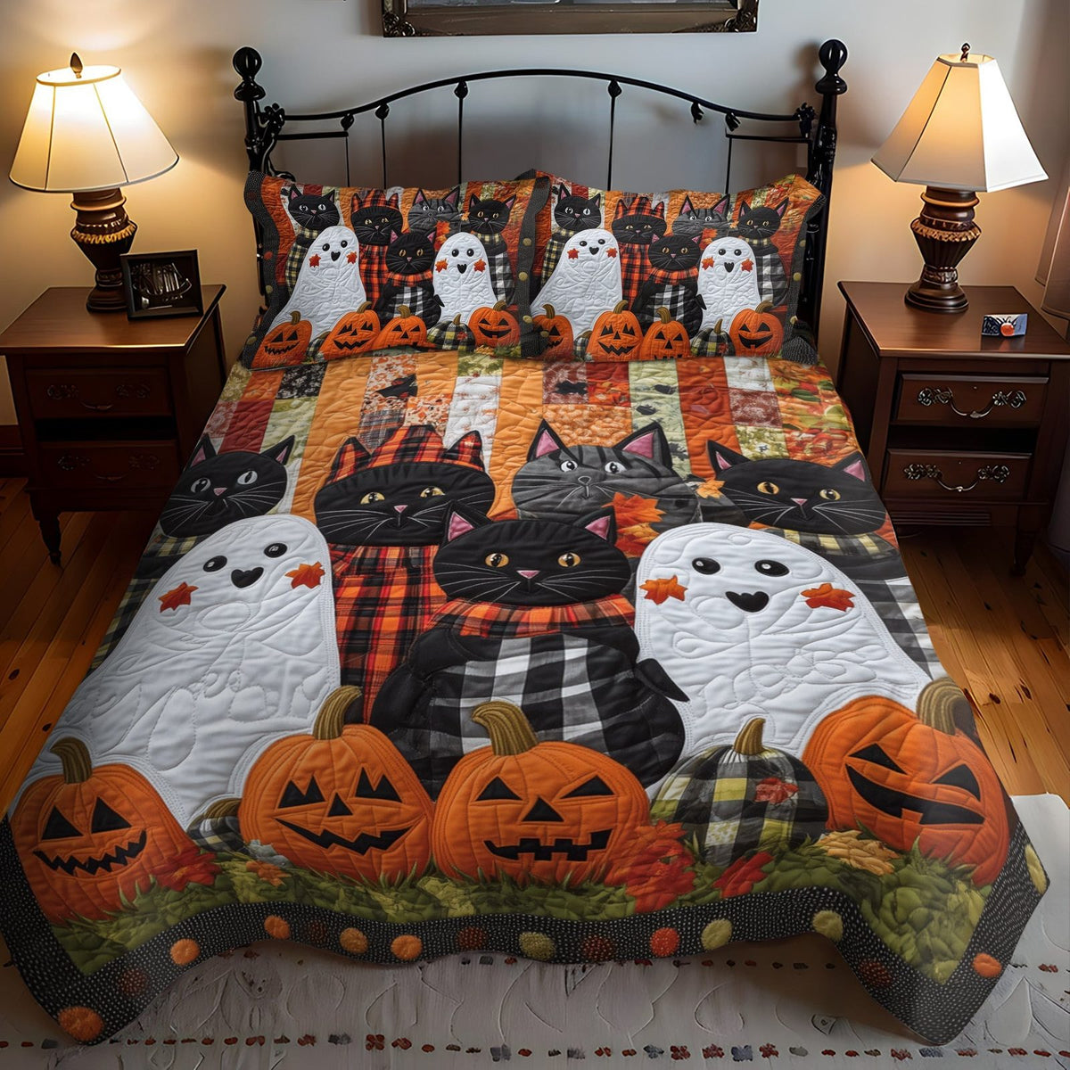Spooky Feline quilted 3-piece bedding set on a made bed against a dark styled interior