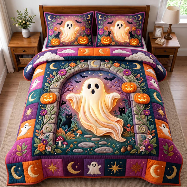 Spooky Ghost quilted 3-piece bedding set on a made bed against a dark styled interior