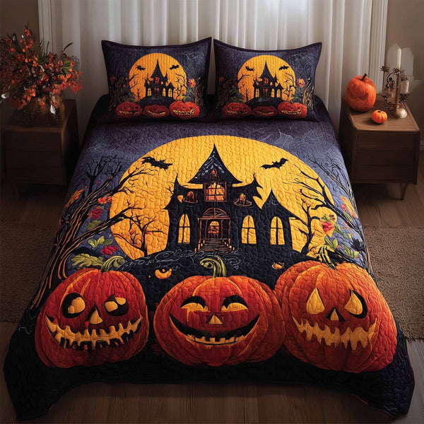 Spooky House quilted 3-piece bedding set on a made bed against a dark styled interior