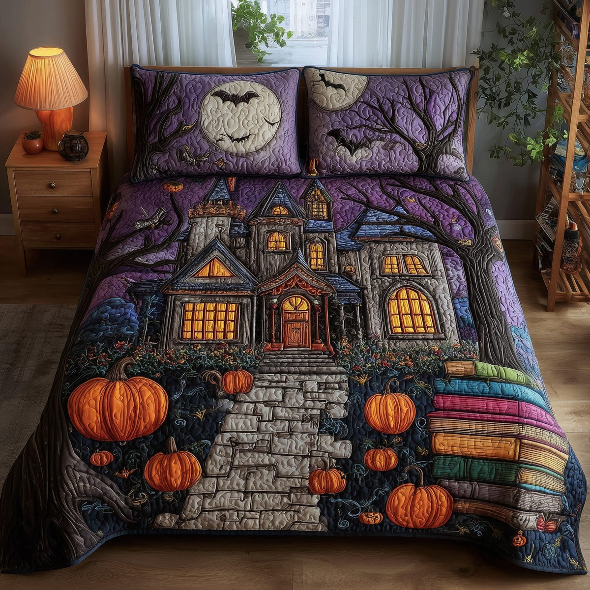 Spooky House quilted 3-piece bedding set on a made bed against a dark styled interior
