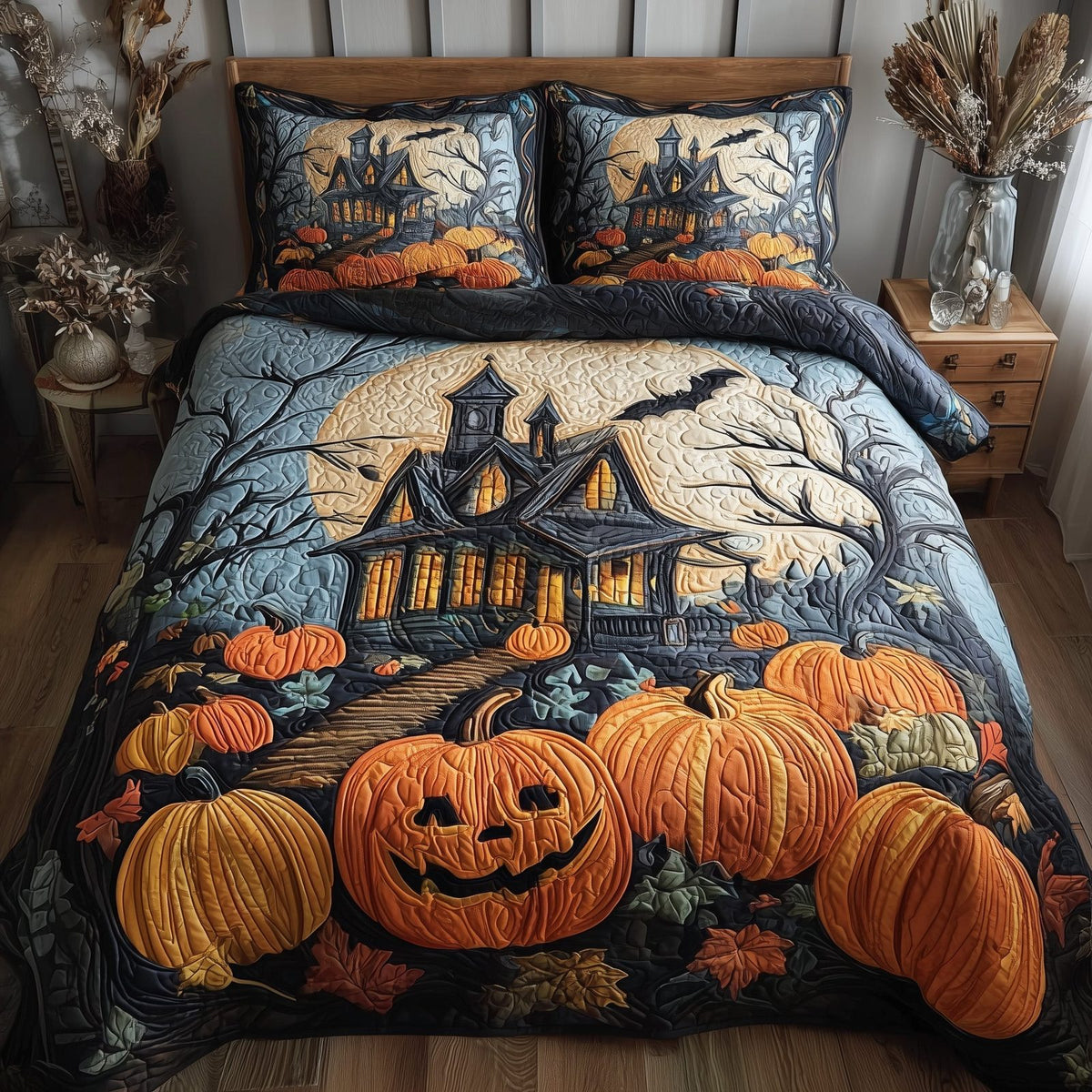 Spooky Manor quilted 3-piece bedding set on a made bed against a dark styled interior