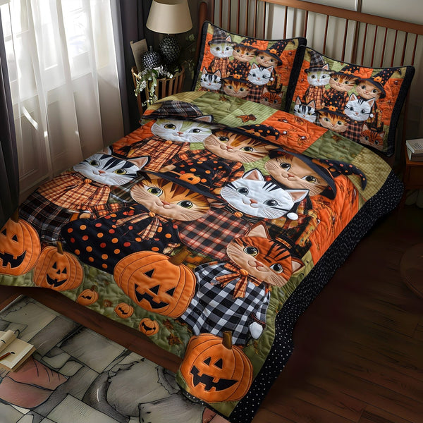 Spooky Paws quilted 3-piece bedding set on a made bed against a dark styled interior