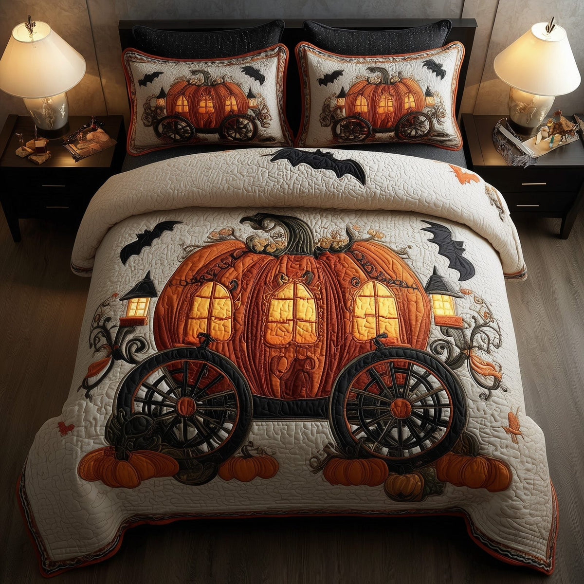 Spooky Pumpkin quilted 3-piece bedding set on a made bed against a dark styled interior