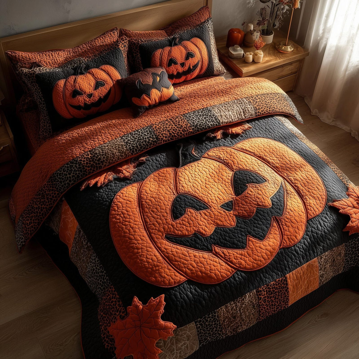 Spooky Pumpkin quilted 3-piece bedding set on a made bed against a dark styled interior