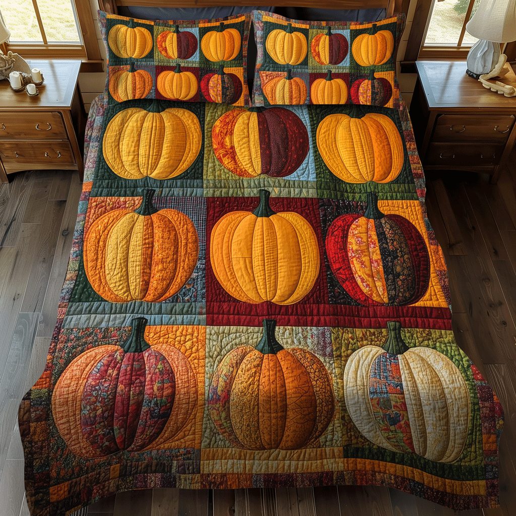 Spooky Pumpkin quilted 3-piece bedding set on a made bed against a dark styled interior