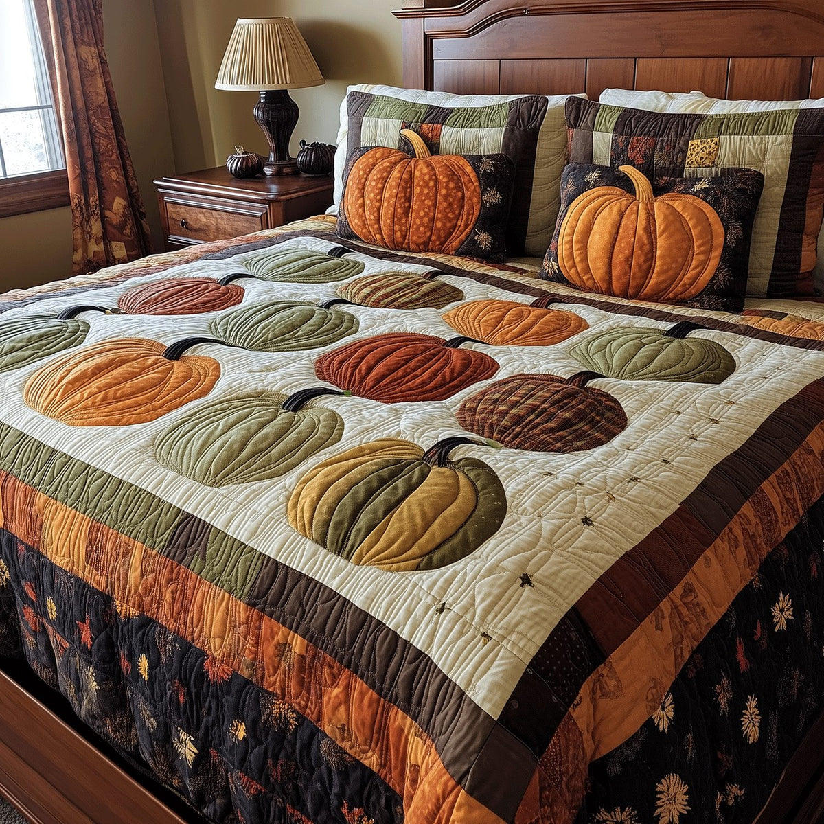 Spooky Pumpkin quilted 3-piece bedding set on a made bed against a dark styled interior