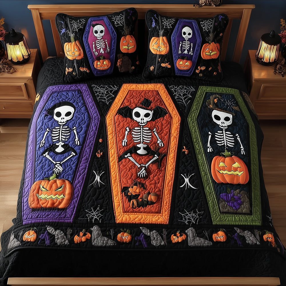 Spooky Slumber quilted 3-piece bedding set on a made bed against a dark styled interior