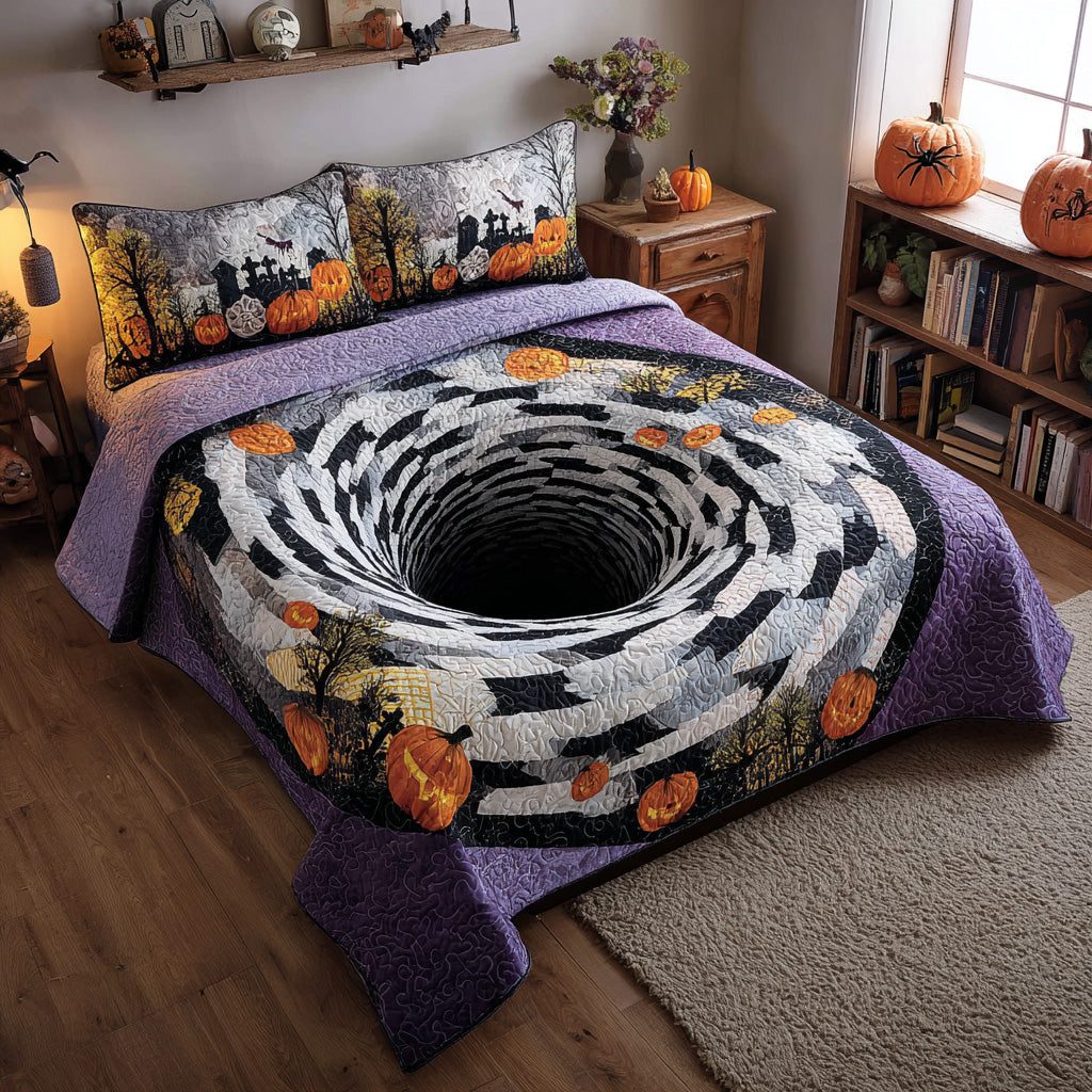Spooky Swirl quilted 3-piece bedding set on a made bed against a dark styled interior