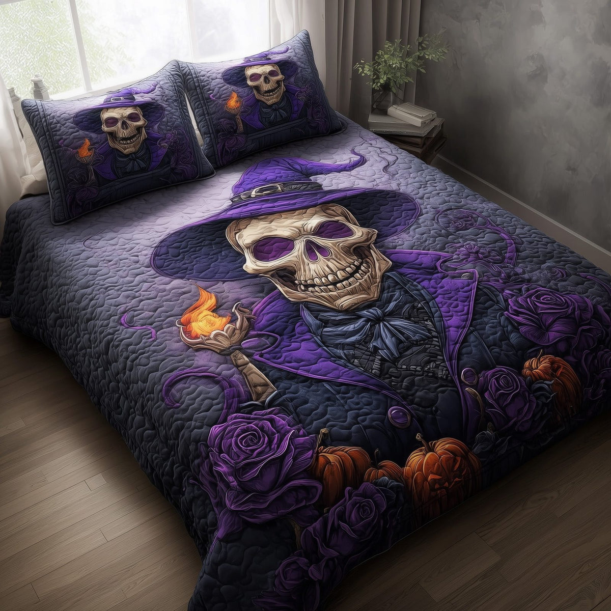 Spooky Witch quilted 3-piece bedding set on a made bed against a dark styled interior