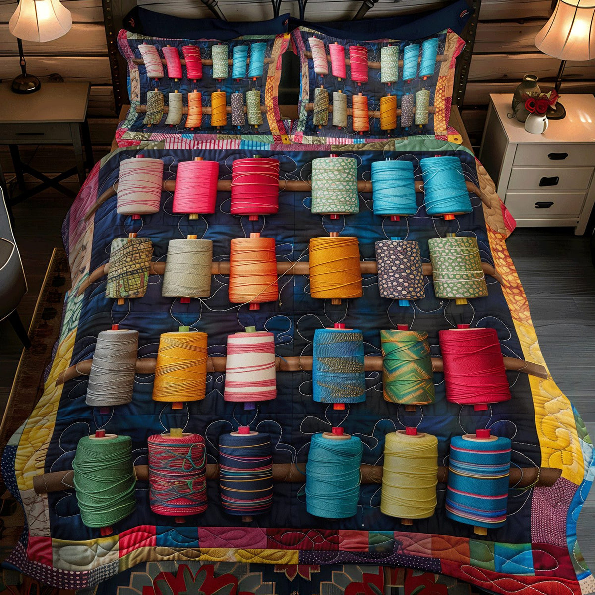 Spools of Color quilted 3-piece bedding set on a made bed with two matching pillow shams