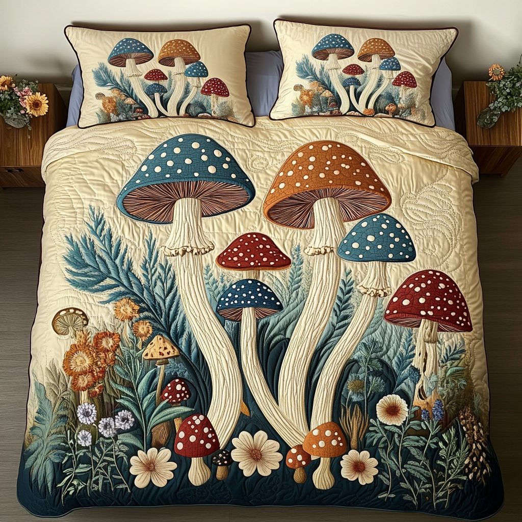 Spore Dreams quilted 3-piece bedding set on a made bed with two matching pillow shams