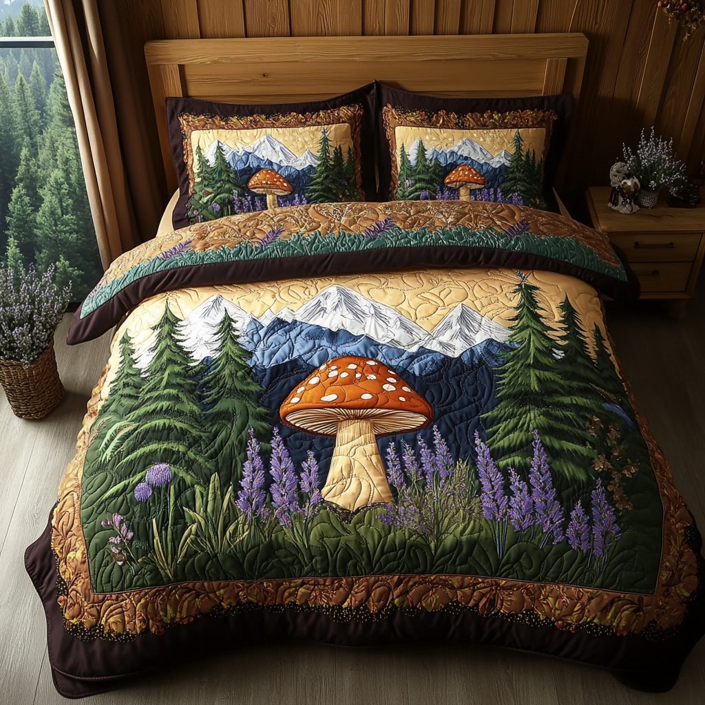Spore Garden quilted 3-piece bedding set on a made bed with two matching pillow shams