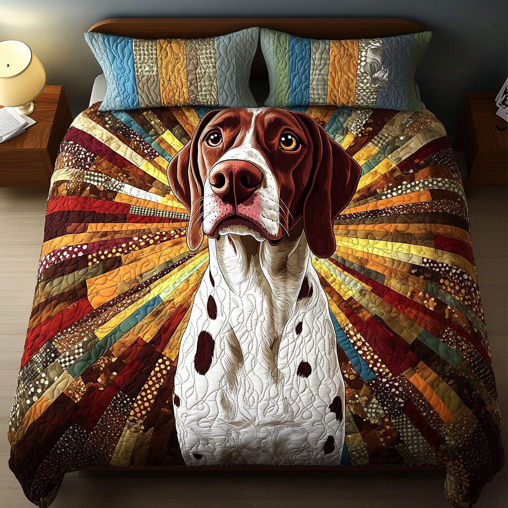 Spotlight Pointer quilted 3-piece bedding set on a made bed with two matching pillow shams