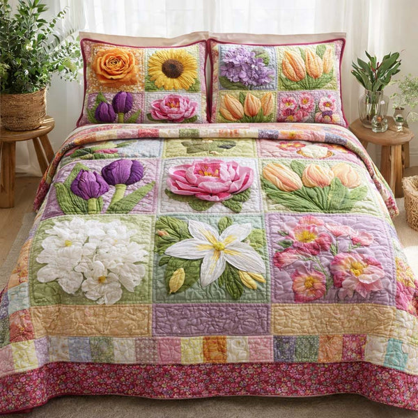 Spring Bloom quilted 3-piece bedding set on a made bed with two matching pillow shams