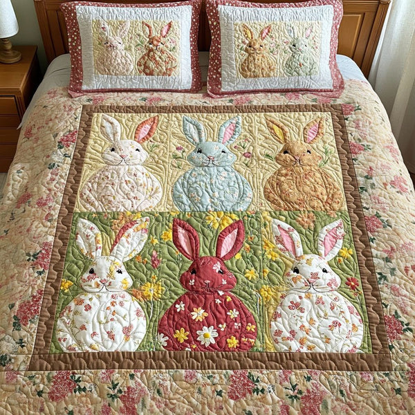 Spring Bunny Bliss quilted 3-piece bedding set on a made bed with two matching pillow shams