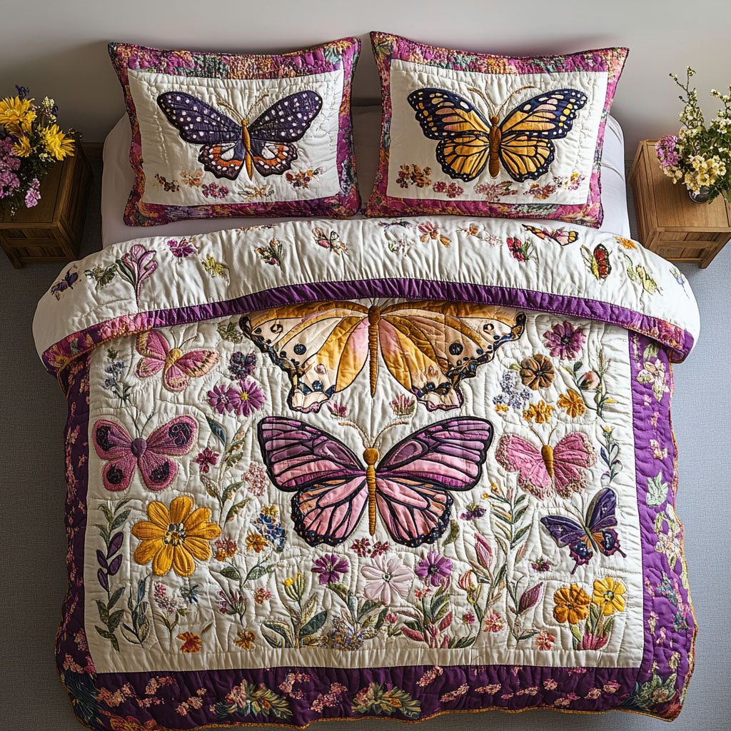 Spring Butterfly quilted 3-piece bedding set on a made bed with two matching pillow shams