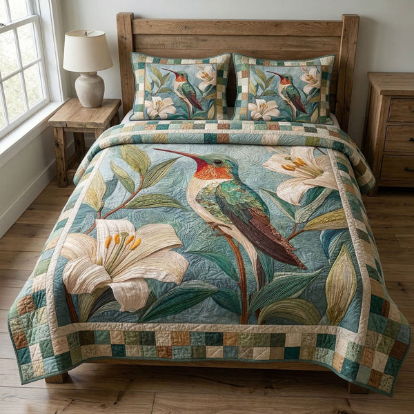 Spring Flight quilted 3-piece bedding set on a made bed with two matching pillow shams