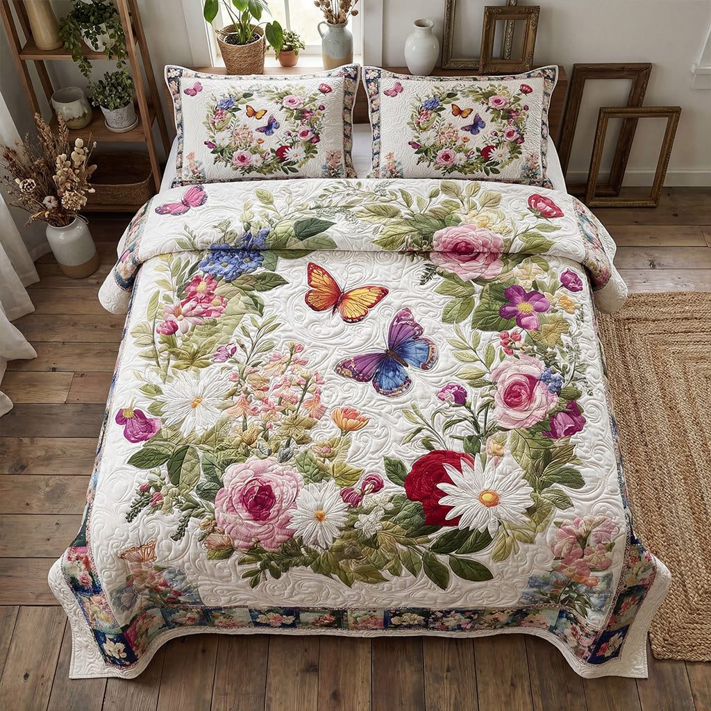 Spring Floral Escape quilted 3-piece bedding set on a made bed with two matching pillow shams