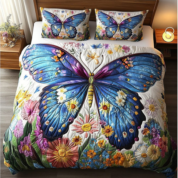 Spring Flutter quilted 3-piece bedding set on a made bed with two matching pillow shams