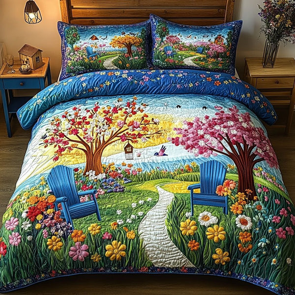 Spring Garden Chairs quilted 3-piece bedding set on a made bed with two matching pillow shams