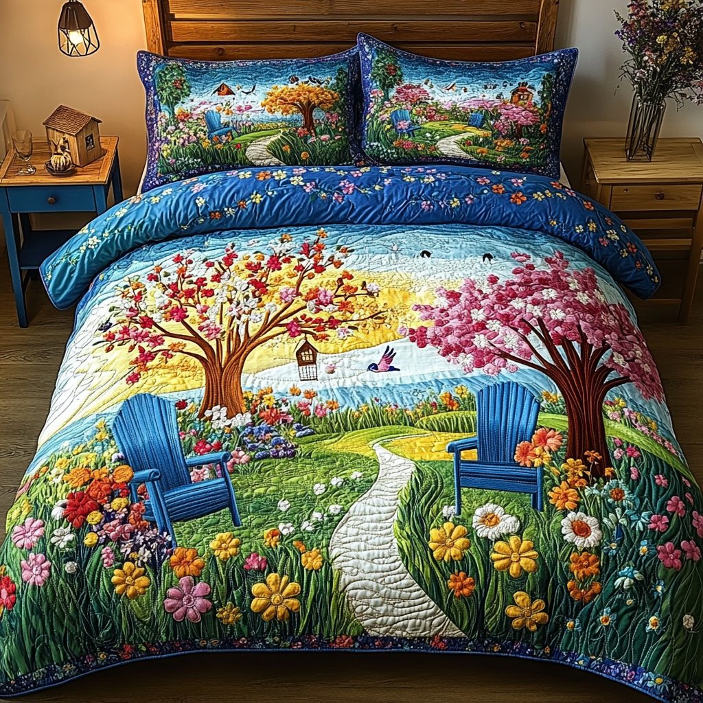 Spring Garden Chairs quilted 3-piece bedding set on a made bed with two matching pillow shams