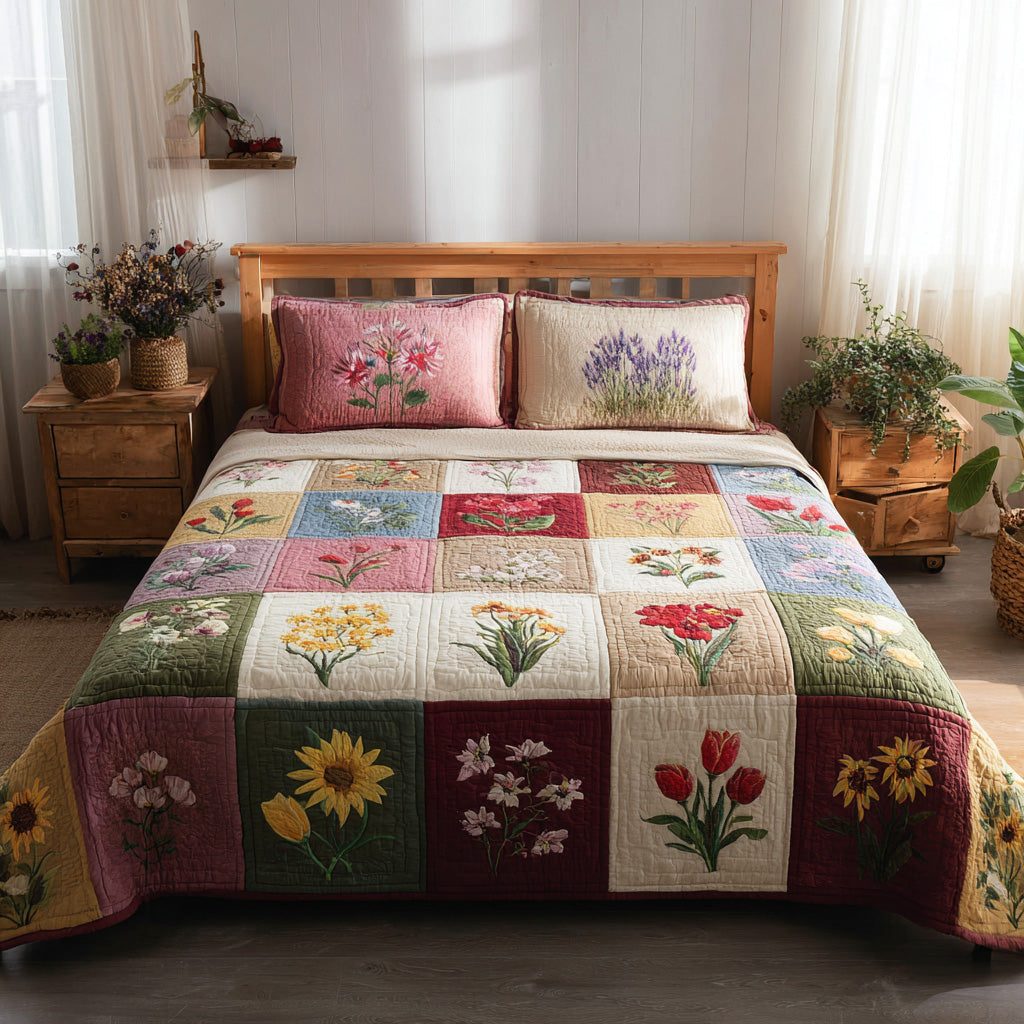 Spring Herbals quilted 3-piece bedding set on a made bed with two matching pillow shams