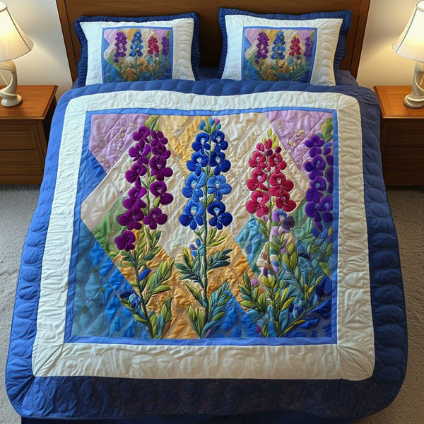 Spring in Bloom quilted 3-piece bedding set on a made bed with two matching pillow shams