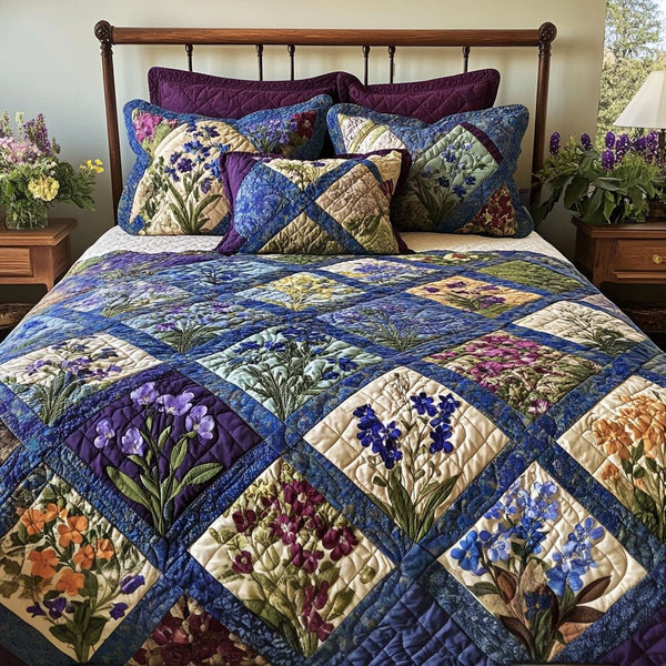 Spring in Texas quilted 3-piece bedding set on a made bed in a rustic timber bedroom