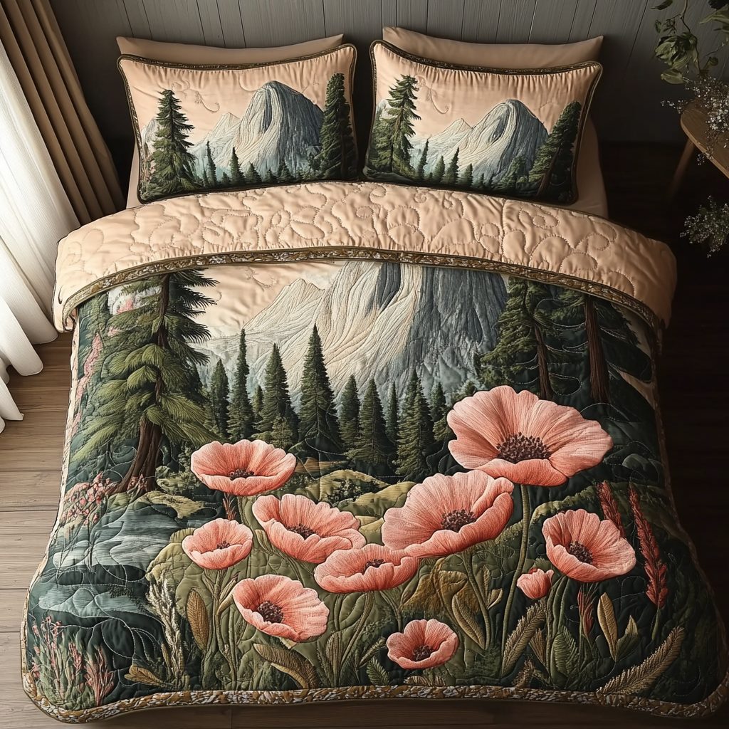 Spring in Yosemite quilted 3-piece bedding set on a made bed with two matching pillow shams